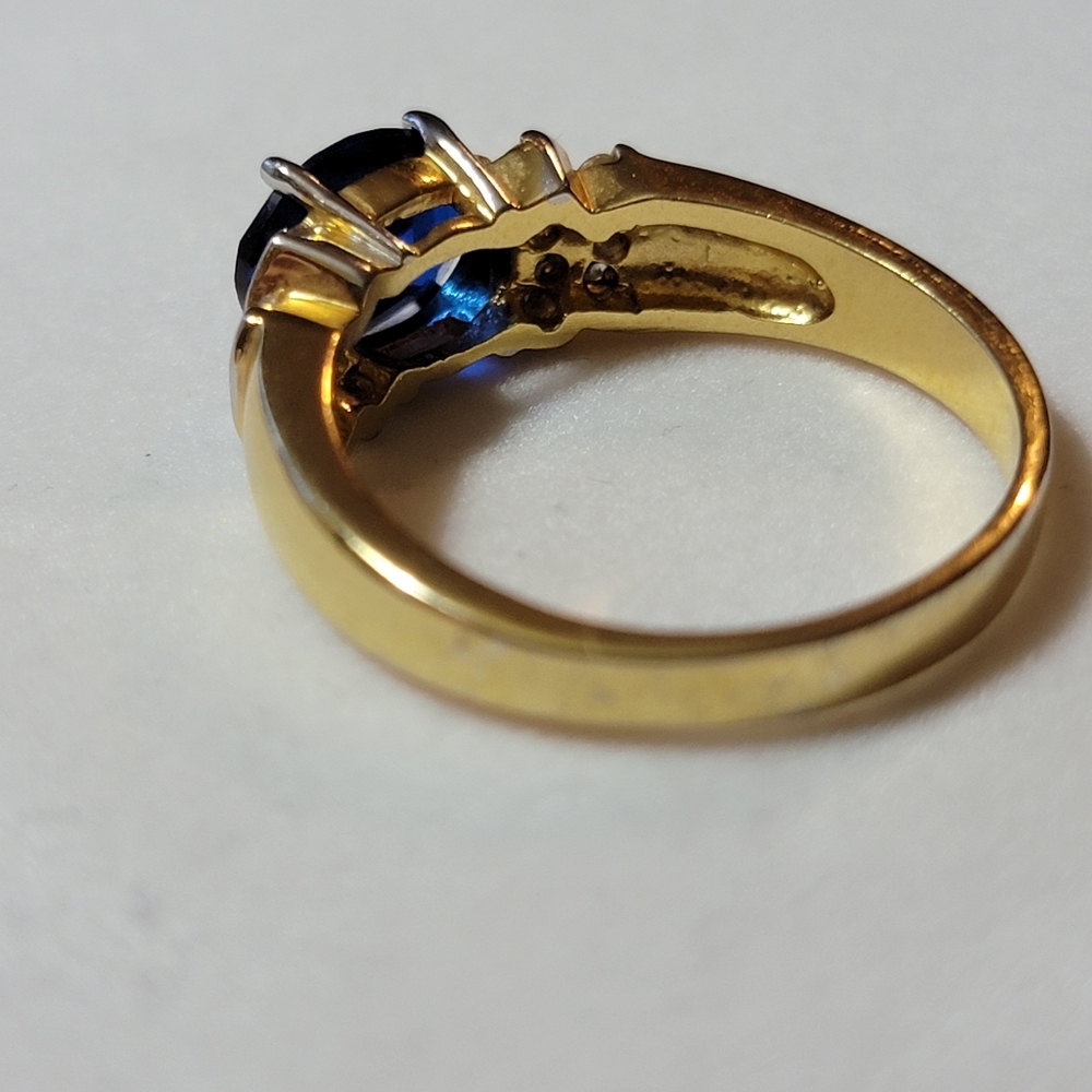 Oval Cut Blue Sapphire and Diamond Simulated Stone Ring Size 12.5 Gold Tone - Picture 3 of 10